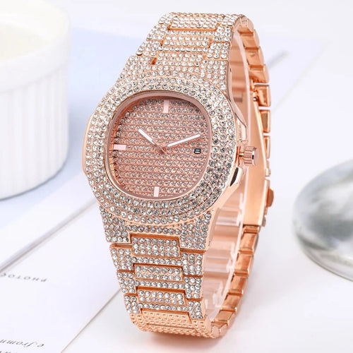 Luxury Full Diamond Men'S Stainless Steel Watches Male Sports Quartz Wristwatch with Calendar